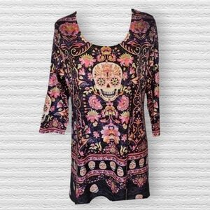 ONE WORLD Multicolor Floral Skull Blouse 3/4 Sleeve Purple Pink Yellow